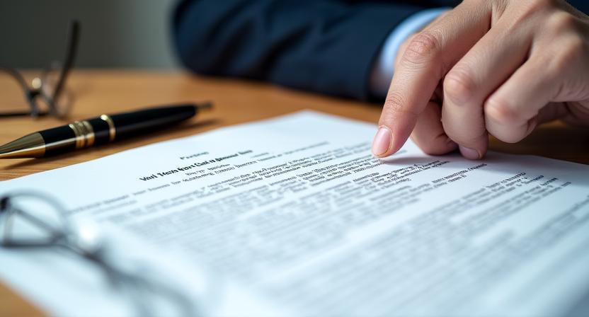 Close up of legal professionals reviewing dense contract documentation with a focus on detail